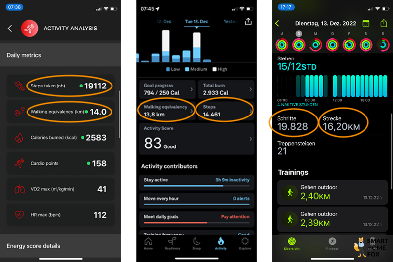 Man sieht die Aktivitätsdaten des Oura und des Circular Rings und der Apple Watch Ultra.
